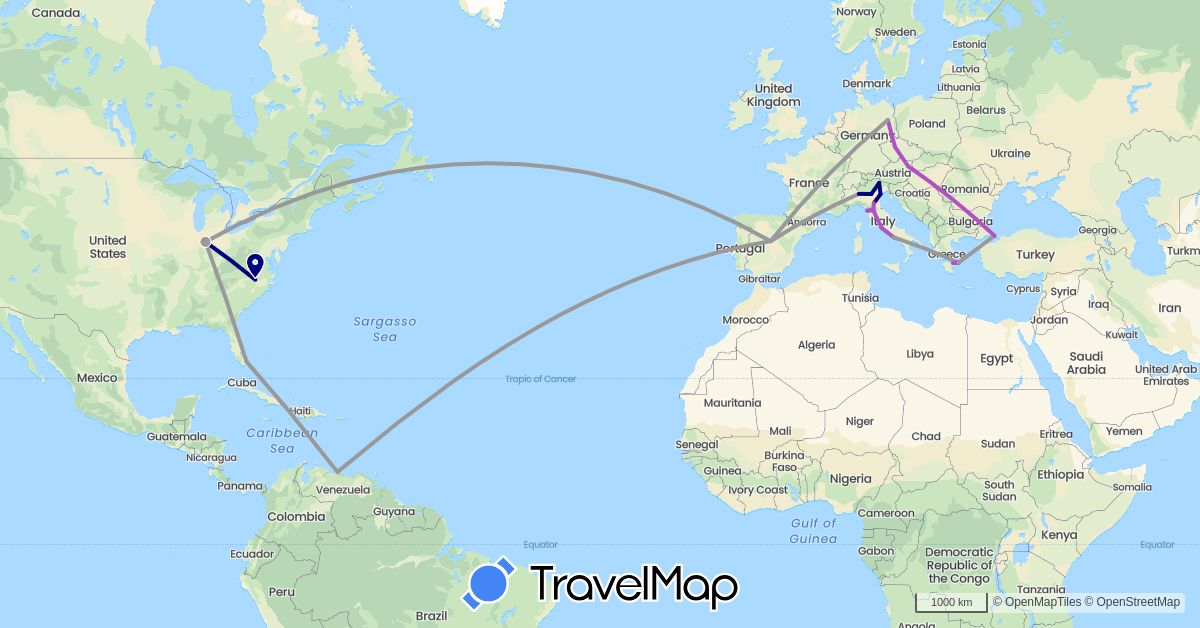 TravelMap itinerary: driving, plane, train in Austria, Czech Republic, Germany, Spain, Greece, Italy, Turkey, United States, Venezuela (Asia, Europe, North America, South America)
